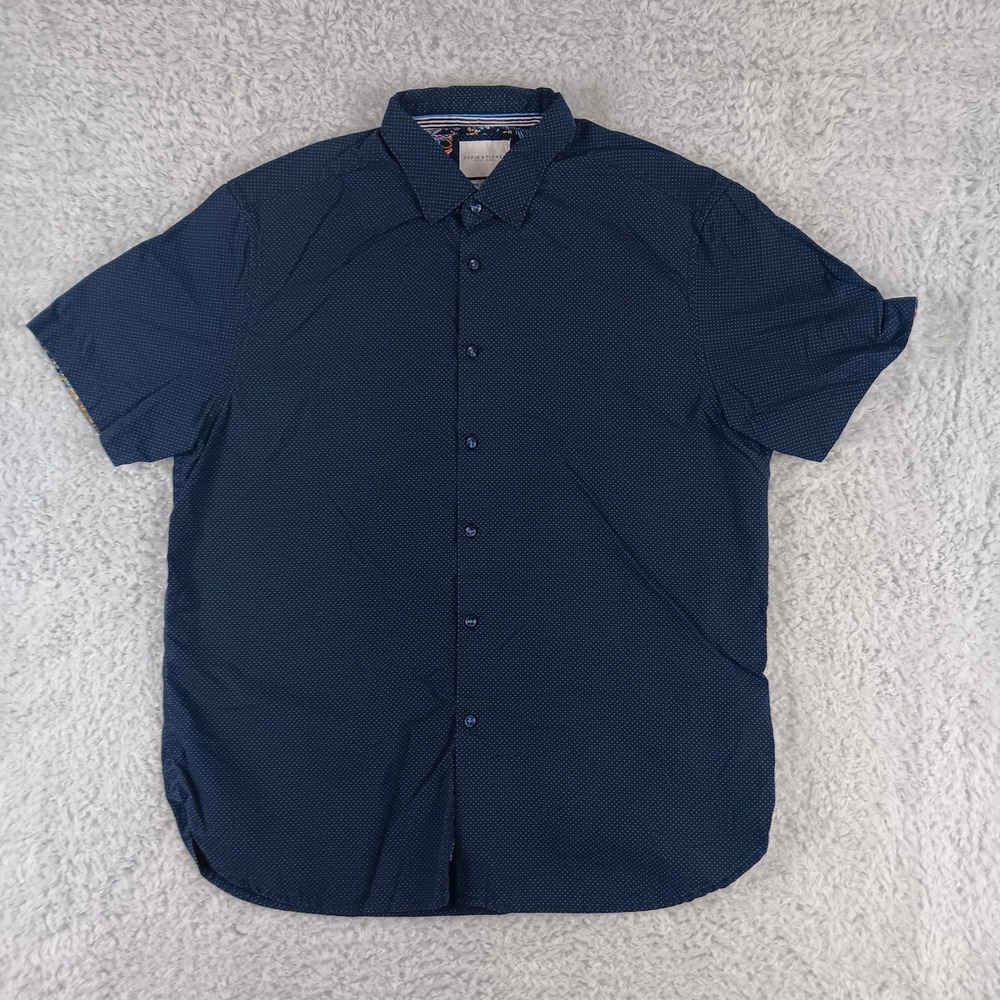 Denim & Flower Ricky Singh Mens XL Navy Blue Micro Dot Short Sleeve Button Shirt